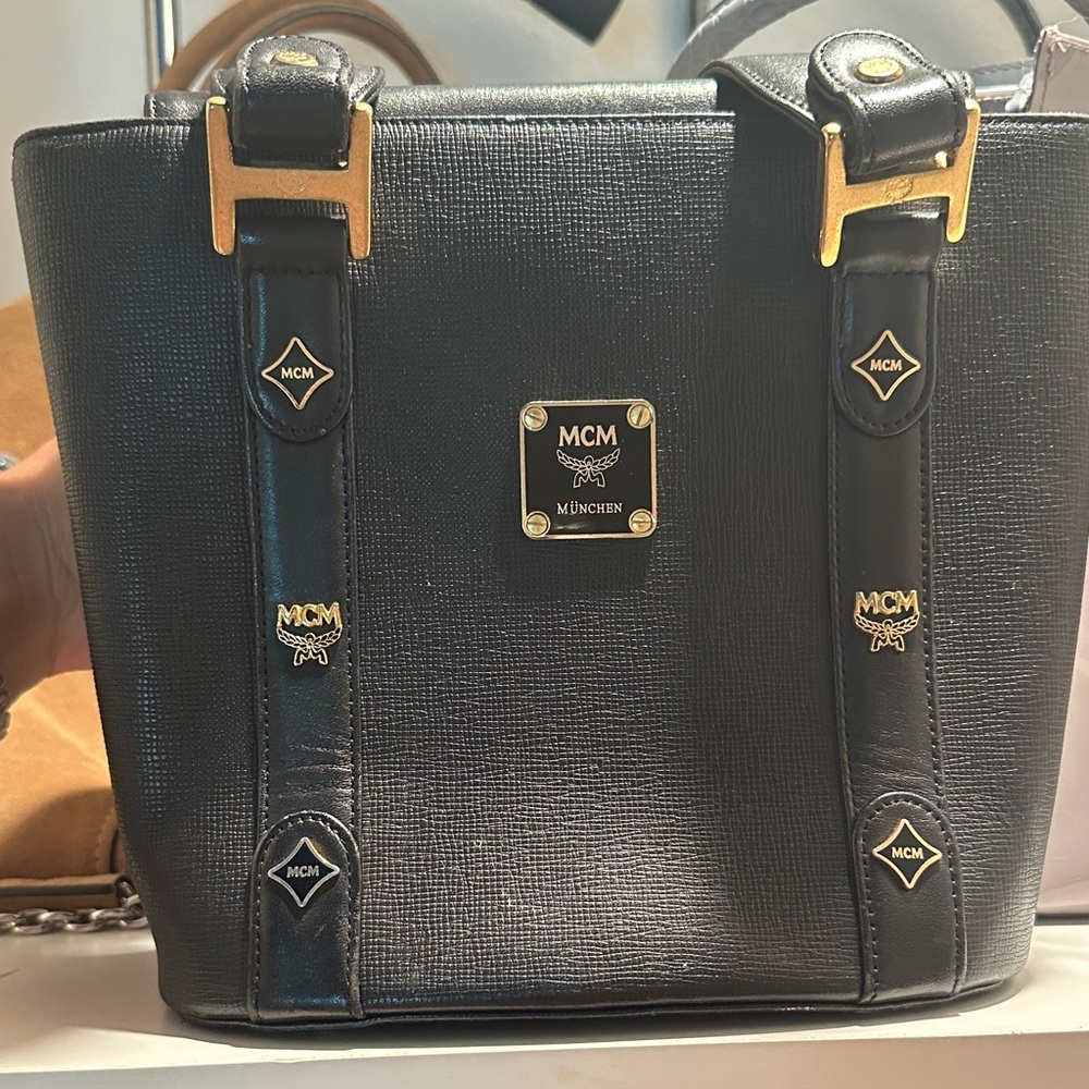 MCM Mini Saffiano leather Black Tote with Gold Accents (COA) included